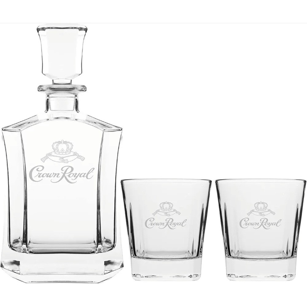 Crown Royal Whiskey Decanter and 2 Glasses Set Etched Logo Heavy‎ Glass